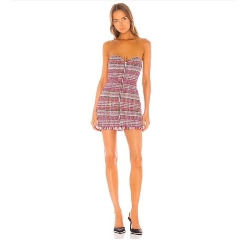Revolve NBD Pink Preppy old money Barbiecore Tweed Zip Strapless Mini Dress XS‎